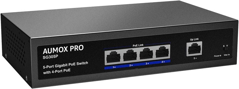 AUMOX PRO 5 Port Gigabit PoE Switch, SG305P 4 Port PoE Gigabit Ethernet Unmanaged with 1 Uplink Gigabit Ports 78W,Plug and Play,Sturdy Metal Fanless Vlan Network Switch 802.3af/at,Desktop or Wall Mount - Image 1